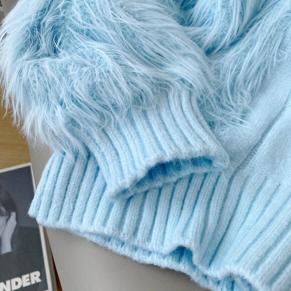 Blue Casual Women's Stand Collar Fuzzy Accent Long Sleeve Sweater - Picture 6 of 7